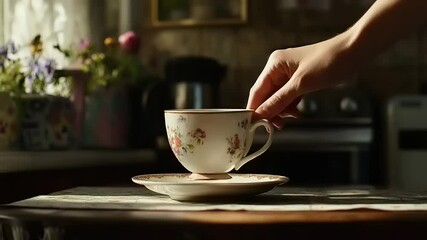 A hand gracefully placing a floral teacup on a saucer in a sunlit kitchen filled with plants - Powered by Adobe