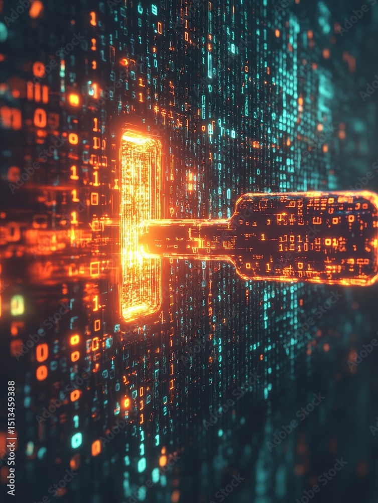 Poster glowing data key accessing file - a vibrant glowing data key smoothly slides into a filename, symbol