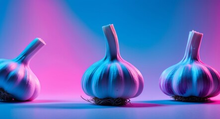 Three Heads of Garlic Illuminated by Vibrant Pink and Blue Neon Lights.