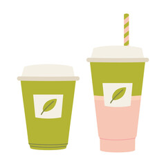 Two takeaway cups with leaf labels, matcha latte drinks in cute flat style. Trendy modern vector illustration isolated on white background, hand drawn