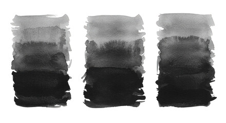 Three monochrome watercolor stains with gradient effect isolated on transparent background