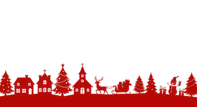 Christmas village silhouette with trees, houses, church, reindeer, sleigh, santa, gift and snowman isolated on transparent background