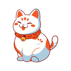Cute maneki neko cat with golden bell collar on transparent background. Japanese lucky charm. Concept for pet owner, animal lovers or children product.