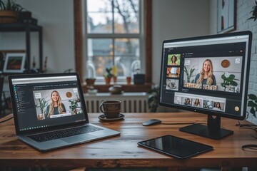 Home office setup with video conference on dual monitors
