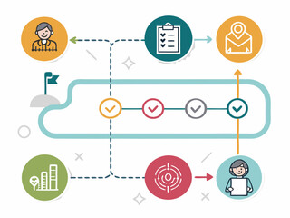 Design a bold, vector illustration of a customer journey map.  Emphasize clear stages and visual hierarchy.