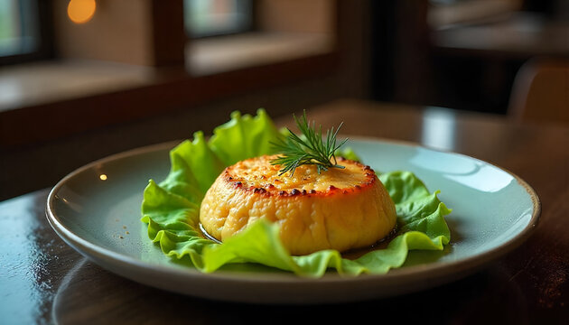 Flija - baked puff pastry with cream or cheese. Served on a lettuce leaf. Albanian or Kosovo cuisine, Kosovo Flija, showcasing golden-brown layers with meat, cheese, and melted butter.