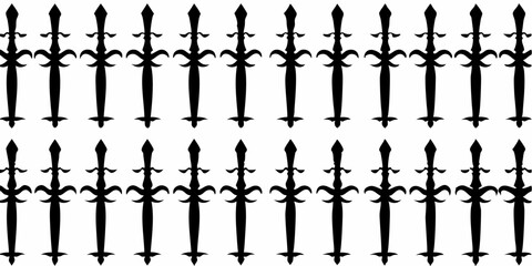 A repeating pattern of black swords arranged in rows against a white background creating a wallpaper effect |eps vectors silhouette