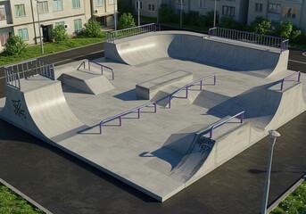 Concrete skatepark in urban setting