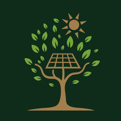 Creative illustration of a tree with solar panels and leaves, symbolizing renewable energy and nature