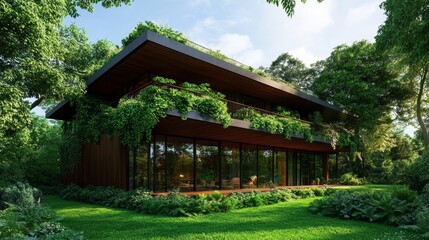 Modern Eco-Friendly House in Lush Greenery - Stunning modern home nestled in a vibrant green landscape, showcasing sustainable design and natural beauty