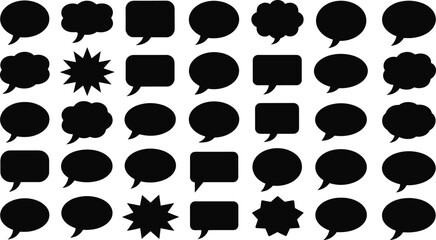 Solid black vector speech bubbles collection in different shapes – comic chat icons, text balloons, dialogue clouds for messages, web design, stickers, and comics