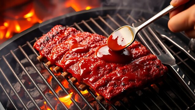 Barbecue ribs being basted with sauce on a grill, glowing coals and smoke, thick sauce reflecting orange flames, grill tools resting nearby, overhead view, cinematic lighting