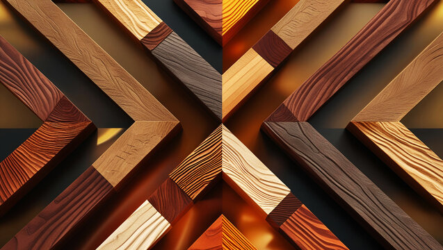 3d render of interlocking wooden blocks, geometric chevron pattern with rich grain and warm brown tones