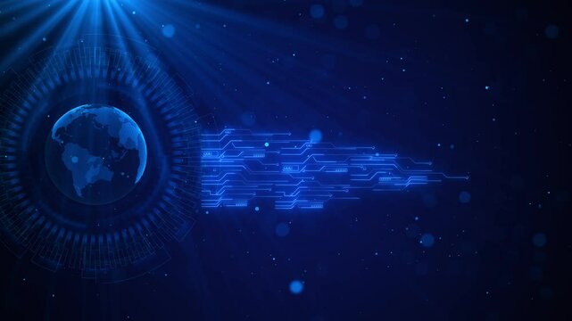 Globe virtual planet Earth. Digital technology cyberspace earth planet. Hologram World Map. Paths World Map banking finance computer processor. Worlds map circuit board Cyberpunk Futuristic Cityscape