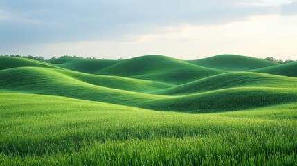 Fototapeta premium Rolling Green Hills Landscape - Serene view of rolling green hills under a partly cloudy sky. Lush grass covers the undulating terrain. Peaceful nature scene