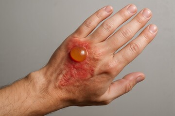 Burned hand with blister and red skin against plain background  