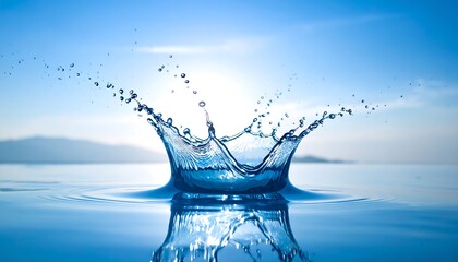 Water splash crown on placid blue surface