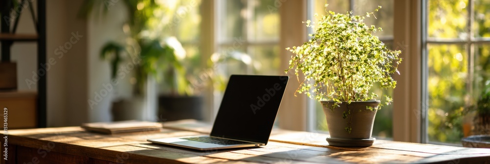 Poster remote work setup with natural light featuring a laptop and a plant on a tidy desk during the aftern