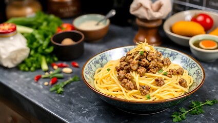 Bakmi dish placed in a cozy kitchen setting with herbs and condiments around, egg noodles topped with minced meat and crispy garlicv