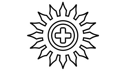 Naklejka premium Outline of sun with plus sign in the center circle vector, silhouette, illustration, horizontal, isolated assets, on transparent background