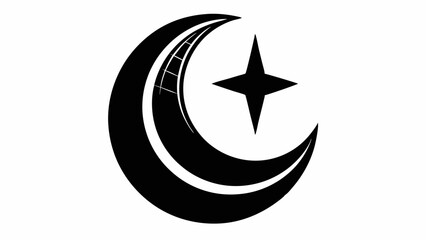 Stylized crescent moon and star in black and white  vector, silhouette, illustration, horizontal, isolated assets, on transparent background