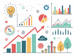 Create a bold, vector illustration depicting market trends analysis; use strong lines and impactful visuals.  Include relevant data visualizations.