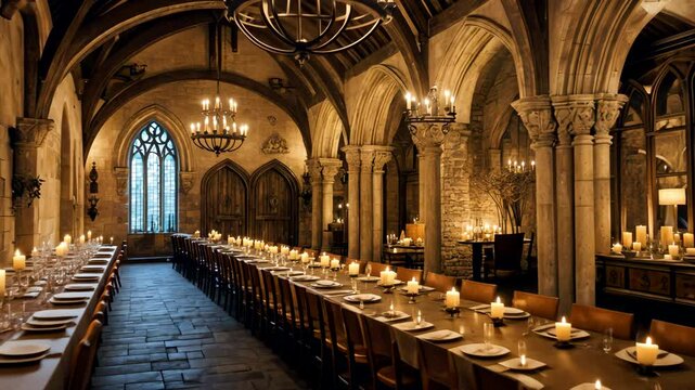 Grand Medieval Dining Hall with Long Wooden Table, Candles and Arched Stone Architecture