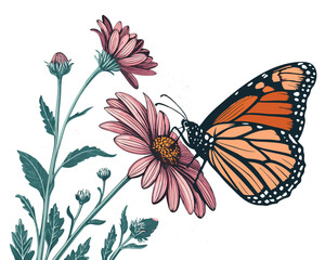 Create a bold, vector illustration of a butterfly with thick strokes, landing on a flower.  Focus on a striking, graphic style.