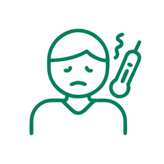 Sick person icon with thermomete, representing health monitoring and illness, minimalist design
