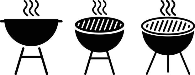 Grill BBQ icon set. grill Tools and Accessories. Cook on backyard. Barbeque symbol.  barbecue with fire sign. Cooking icons
