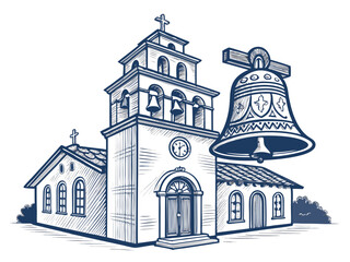 Create a bold vector illustration of a church with a wedding ceremony taking place outside.  Focus on strong outlines and impactful design.