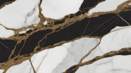 Full-frame 2D panda white and portoro marble hybrid slab, black and gold intersecting on white.