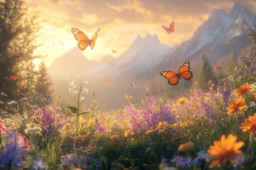 Poster Sunrise meadow with butterflies