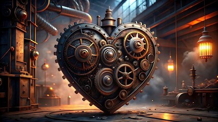 A steampunk heart intricate gears and cogs in a factory setting