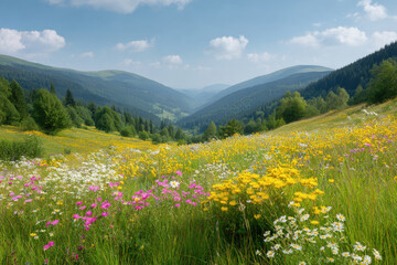 Obraz premium serene summer meadow in slovakia filled with wildflowers under clear blue sky