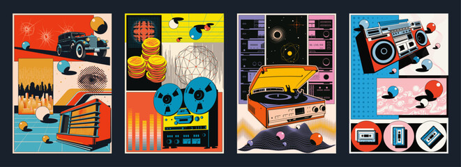 Abstract Poster Set. 1920s, 1950s, 1980s Style. Retro Car, Retro Radio, Vinyl and Cassette Recorders, Bobbins, Coins, Cityscape, Abstract Objects and Vintage Colors