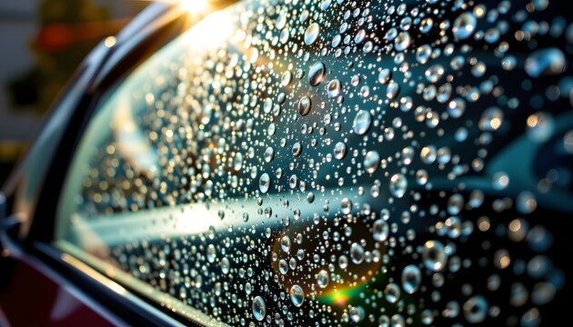 a cascade of luminous water droplets clings to the coolly tinted car window, captured in a photo aesthetic, sunlight shatters into a thousand sparkling points of light, radiating with a vibrant mood