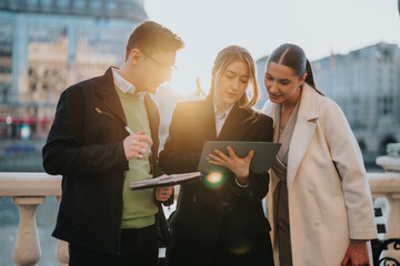 Professional team working together on tasks while standing in a sunny outdoor setting