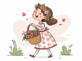 Create a bold, vector illustration of a flower girl, confidently holding a bouquet of vibrant flowers.  The style should be clean and modern.