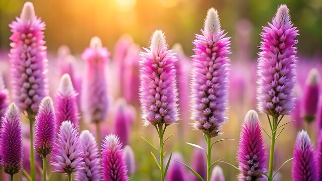 Vibrant pink celosia flowers in a sunset field