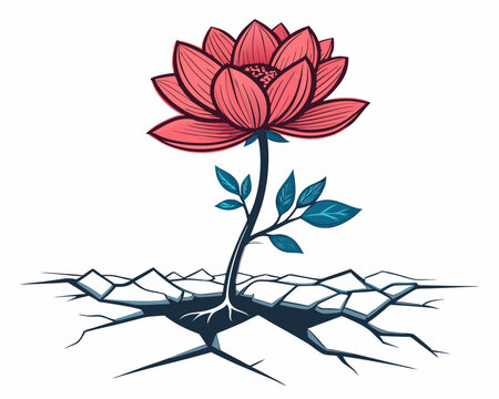 Create a bold, vector illustration of a single flower sprouting from the ground, emphasizing strong, thick outlines.