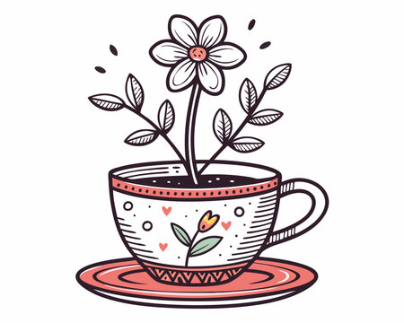 flower growing in teacup, pink, white, black clip art preview