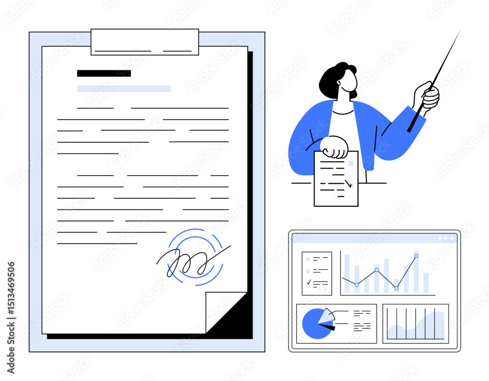 Poster signed document on clipboard, person presenting with pointer, and analytics on screen. ideal for bus