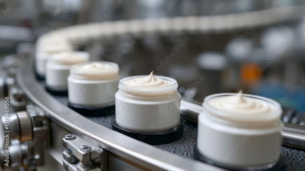 Aufkleber cosmetic cream jars on a conveyor belt are being processed in a manufacturing facility. the jars are