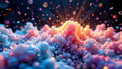3d rendering of a multicolored vibrant abstract cloud of particles in space, glowing, fluid particles in dynamic flow create a beautiful abstract background