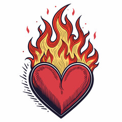 Create a vector illustration of a bold, fiery heart with intensely thick, black strokes.  The flames should be highly detailed.