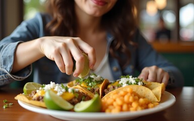 Close up of woman squeezing lime in her tacos while eating in Mexican restaurant. High quality