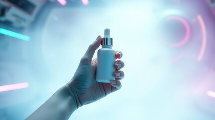 Fototapeta premium Elegant Female Hand Holding Serum Bottle Mockup in Sci-Fi Haze