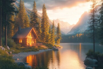 Obraz premium Wooden cabin on a lake shore at sunrise