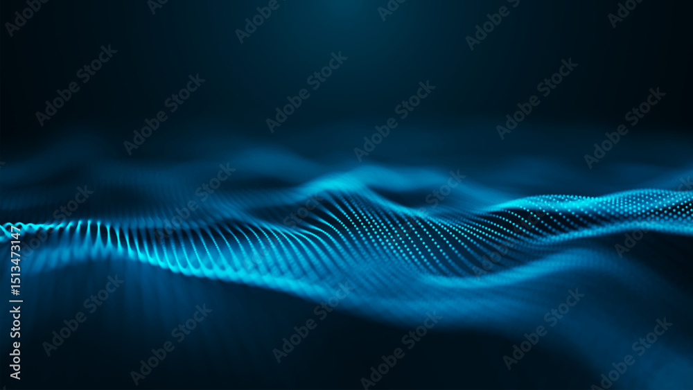 Poster an abstract digital wave pattern that features illuminated blue dots against a dark backdrop, creati